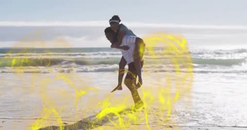 Joyful Piggyback Ride on Sunny Beach with Vibrant Overlay