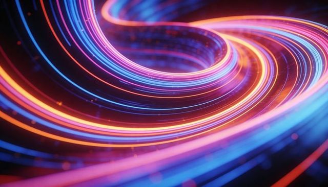 Neon s-curve light ribbons flowing in futuristic abstract loop with vibrant glowing trails