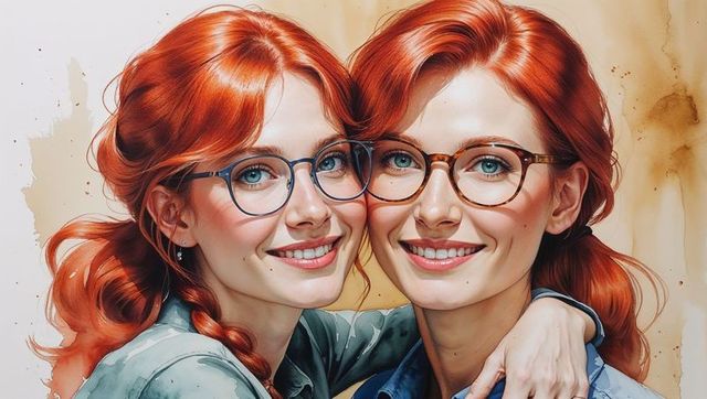 Two Smiling Sisters with Red Hair and Glasses Embracing in Friendship