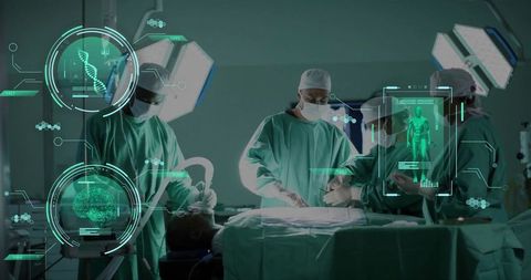 Surgical team performing augmented reality-guided surgery with holographic dna and brain scans