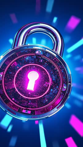 Initiating Cyber Lockdown Rotating Neon Padlock Securing Digital Network Vertical Video