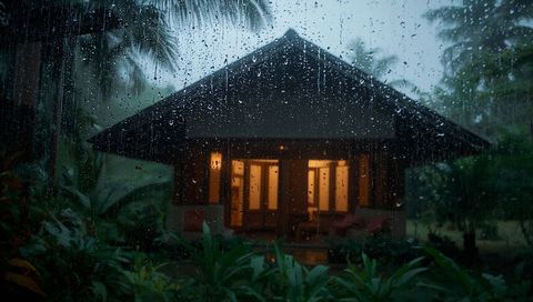 Rain-soaked glass framing tropical bungalow with warm glowing windows and lush garden