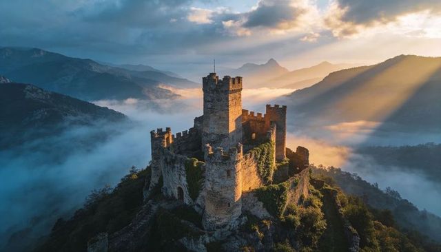 Medieval castle gleaming in golden sunrise mist perched mountain ridge stone keep turrets
