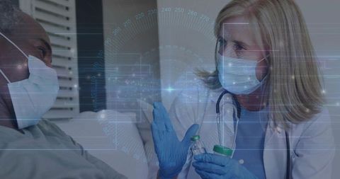 Clinician Discusses Diagnostics with Patient in High-Tech Clinic Scene