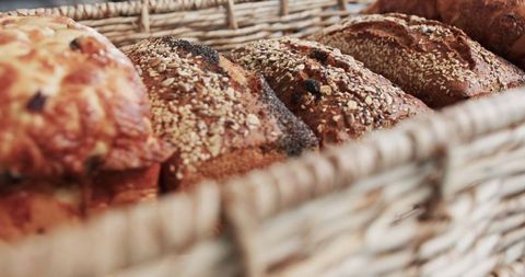 Close-Up of Freshly Baked Bread Variety in Wicker Basket