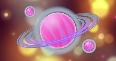 Pink striped planet with purple rings rotating in glowing bokeh space scene, fantasy futuristic