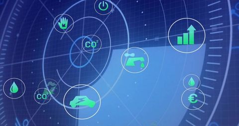 Futuristic radar-style sustainability dashboard showing co2, energy, water, ev telemetry