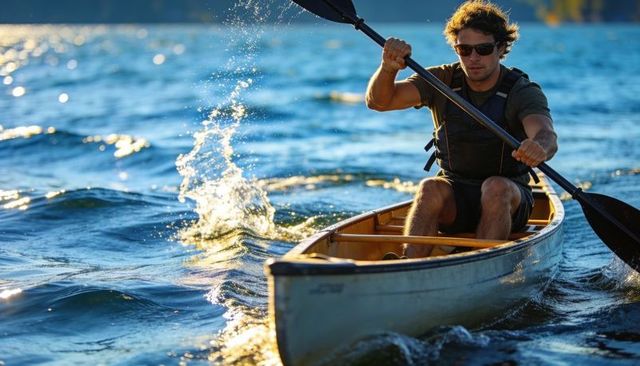 Solo paddling on sunlit lake, athletic man powering double-blade paddle wearing life jacket