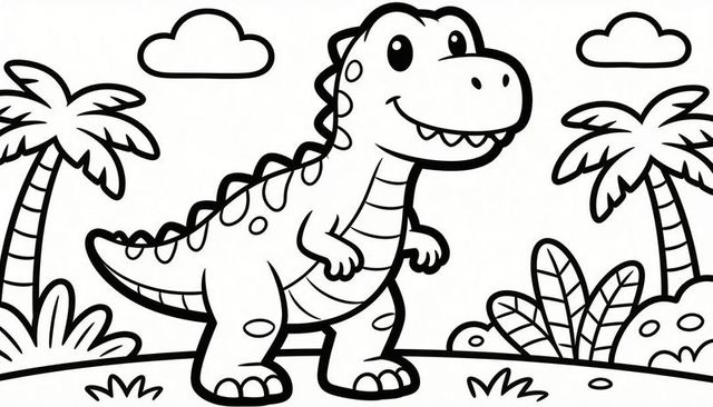 Smiling cartoon dinosaur standing on hill showing dorsal plates and spots coloring page