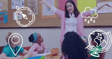 Engaging Teacher with Schoolchildren and Educational Icons