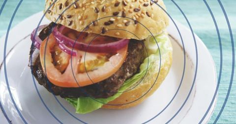 Sesame Seed Burger with Lettuce Tomato and Onion on Blue-Rim Plate with Circular Overlay