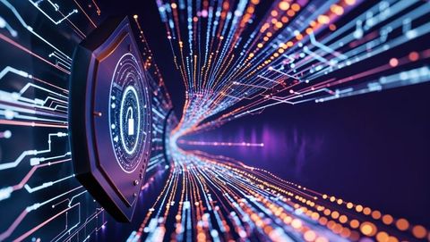 Cybersecurity concept with digital shield and security lock icon in flowing data stream