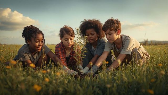 Diverse Children Planting Sapling in Meadow Promoting Sustainability