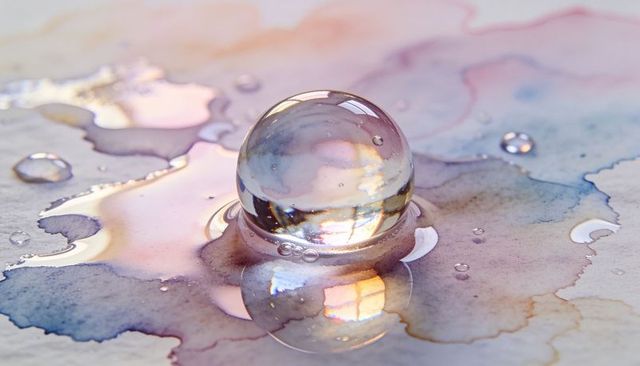 Glass orb refracting pastel watercolor, resting on painted paper with window reflection