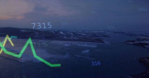 Aerial Arctic Coastline Displaying Financial Line Chart Overlay at Dusk
