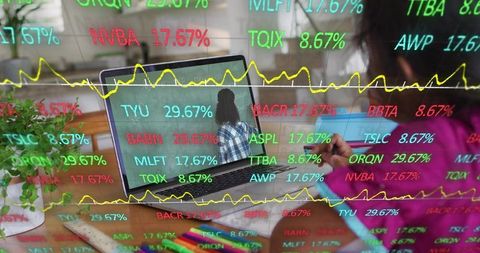 Teen studying remotely while virtual classroom overlay shows stock market tickers and charts
