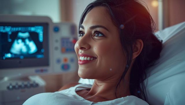 Pregnant woman viewing sonogram relaxing in ultrasound room