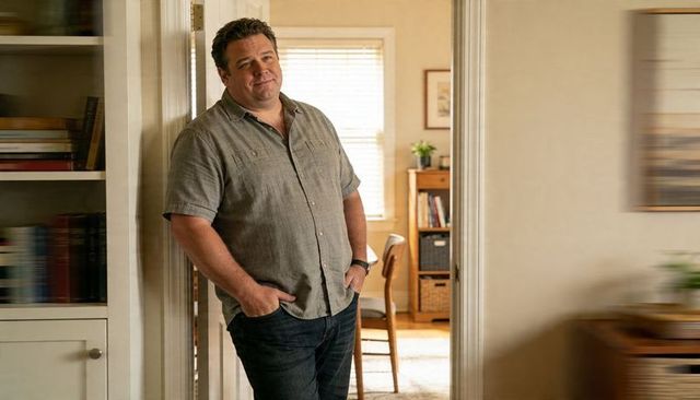 Contemplative man leaning in doorway of home office wearing casual shirt and jeans, daylight