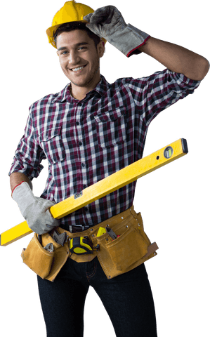 smiling construction worker with tools and hard hat on transparent background - Download Free Stock Videos Pikwizard.com
