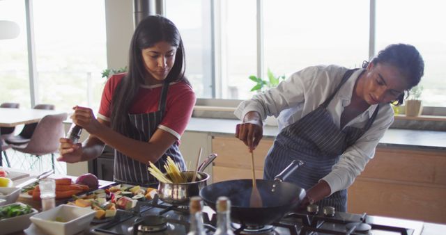 Two Women Cooking Together in Modern Kitchen with Fresh Ingredients - Download Free Stock Images Pikwizard.com