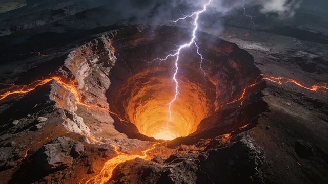 Volcanic crater erupting with glowing lava lake, lightning striking open caldera