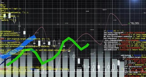 Green jagged trendline crossing candlestick chart over code and grid for fintech analytics
