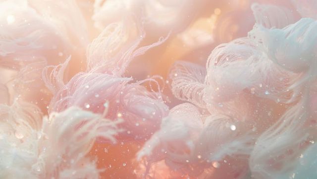 Ethereal pastel filaments floating in luminous pink glow with sparkling bokeh