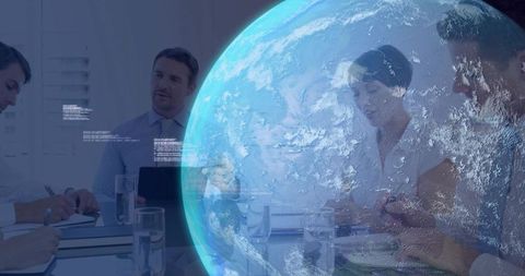 Innovative Teamwork with Holographic Globe in Corporate Meeting Room