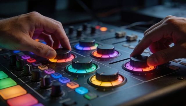 Hands Mixing on Neon-Lit DJ Console with RGB Rotary Encoders and Backlit Performance Pads