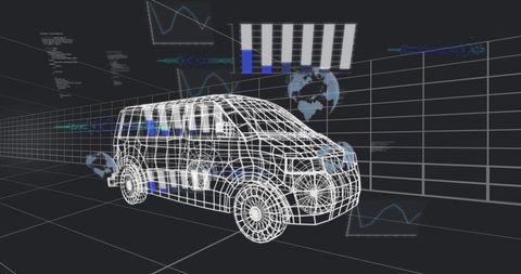 Rotating Wireframe Van in Virtual 3D Grid with HUD Analytics and Holographic Graphs
