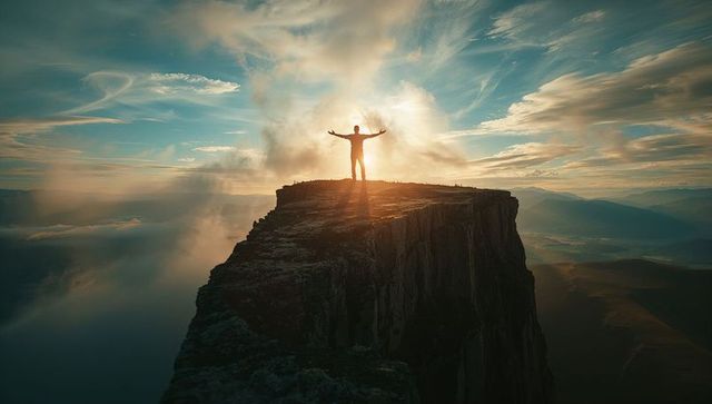 Triumphant Hiker Embracing Sunrise atop Mountain Cliff