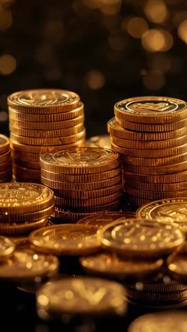 Shifting Vertical Video Revealing Stacked Gold Coins with Bokeh Reflections
