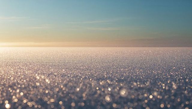 Sparkling frost field at sunrise with bokeh ice crystals, golden light and tranquil horizon