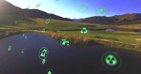 Eco-friendly icons hovering over scenic landscape pond