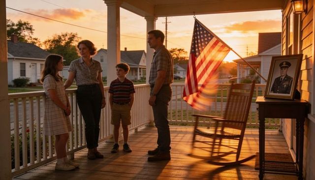 Family standing on porch at sunset with american flag, rocking chair and veteran portrait