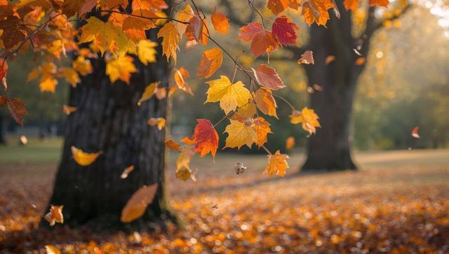 Sunlit autumn maple leaves falling and drifting over golden leaf carpet in park