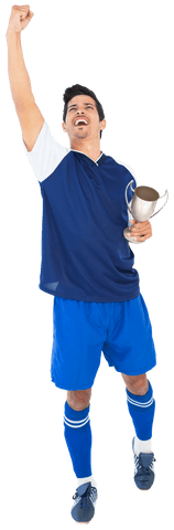 Energetic Football Player Celebrating Victory Holding Trophy Transparent
