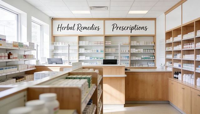 Bright modern pharmacy interior with wooden counters, herbal remedies and prescriptions