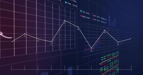 Holographic financial dashboard displaying neon line charts, market heatmap and analytics