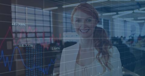 Businesswoman Analyzing Data Overlaid on Office Background