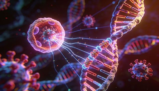 Neon dna helix connecting to viral particle via luminous filaments, molecular interaction visualizat