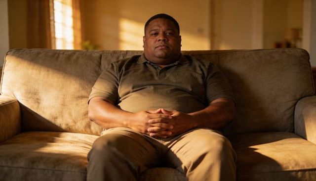 Contemplative man sitting on sofa in warm sunlight clasping hands, casual home portrait