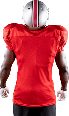 Transparent football player in red team jersey and helmet from behind