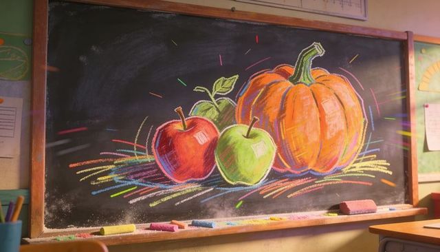 Sunlit classroom chalkboard showing pumpkin and apples with vibrant chalk strokes
