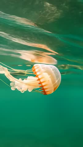Vertical video capturing orange jellyfish drifting beneath sunlit surface in shallow water