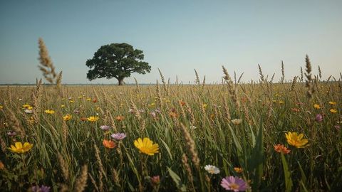 Solitary tree in vibrant nebraska meadow with wildflowers