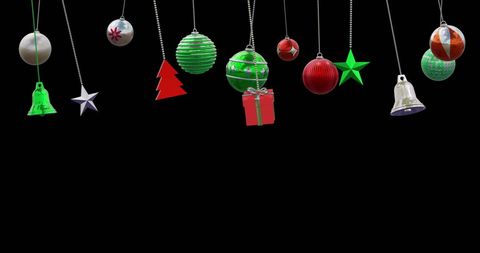 Colorful Christmas Ornaments Suspended on Black Background