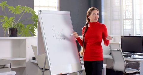 Businesswoman Giving Data Presentation in Modern Office Environment