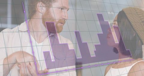 Analysts discussing interactive data visualization with purple graph overlay in workspace