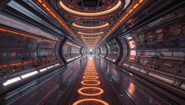 Futuristic sci-fi corridor with glowing orange rings and metal panels